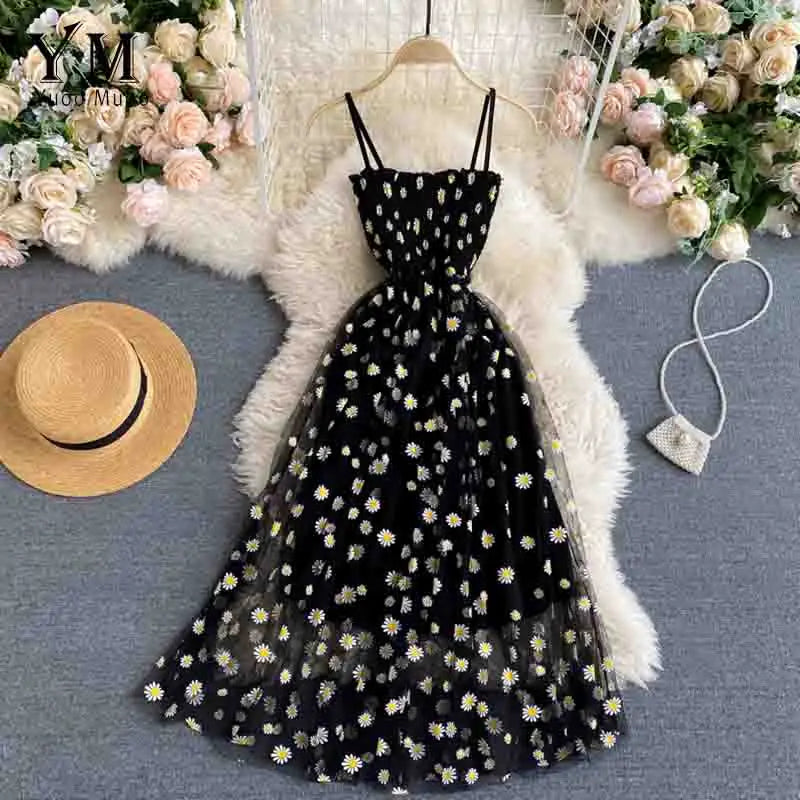 Korean Daisy Flower Print Mesh Midi Dress