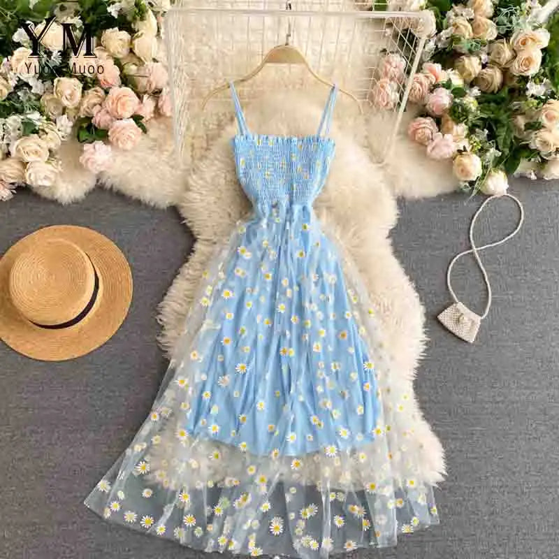Korean Daisy Flower Print Mesh Midi Dress