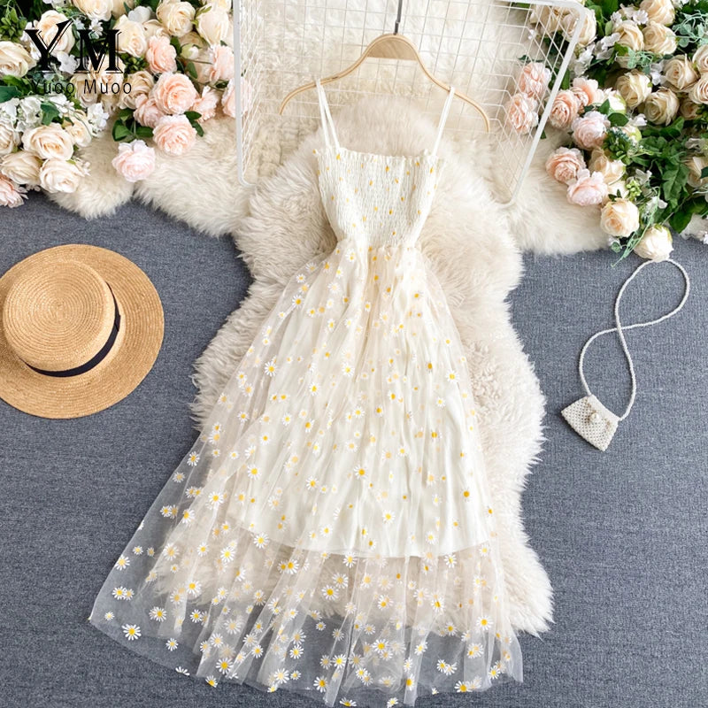 Korean Daisy Flower Print Mesh Midi Dress