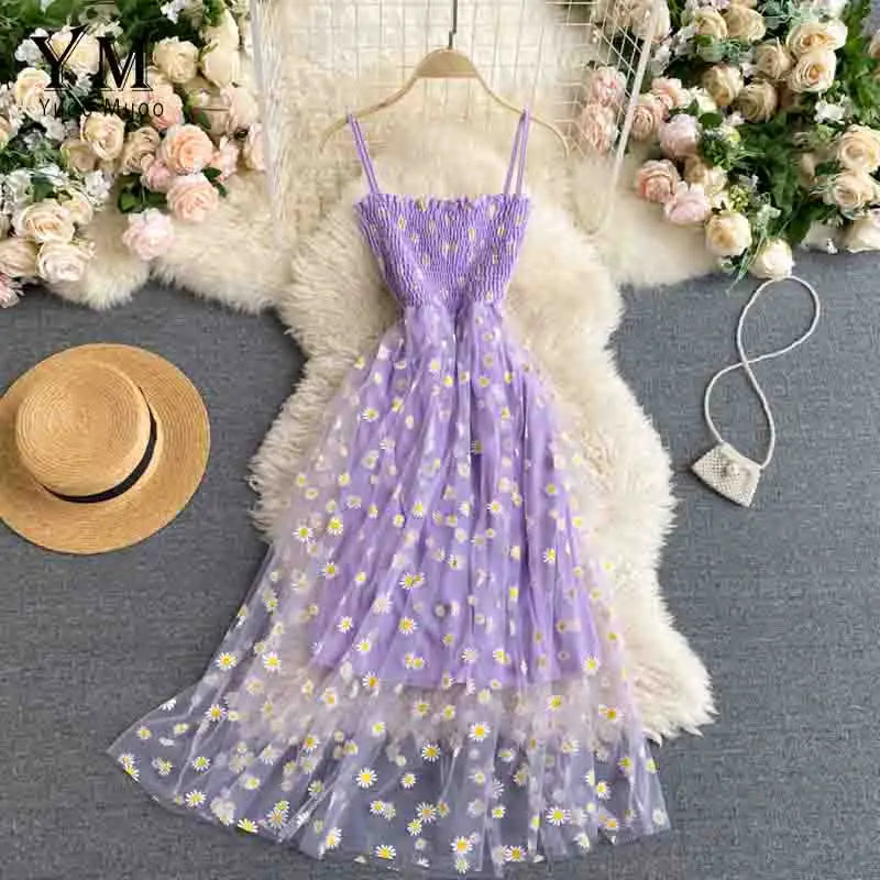 Korean Daisy Flower Print Mesh Midi Dress