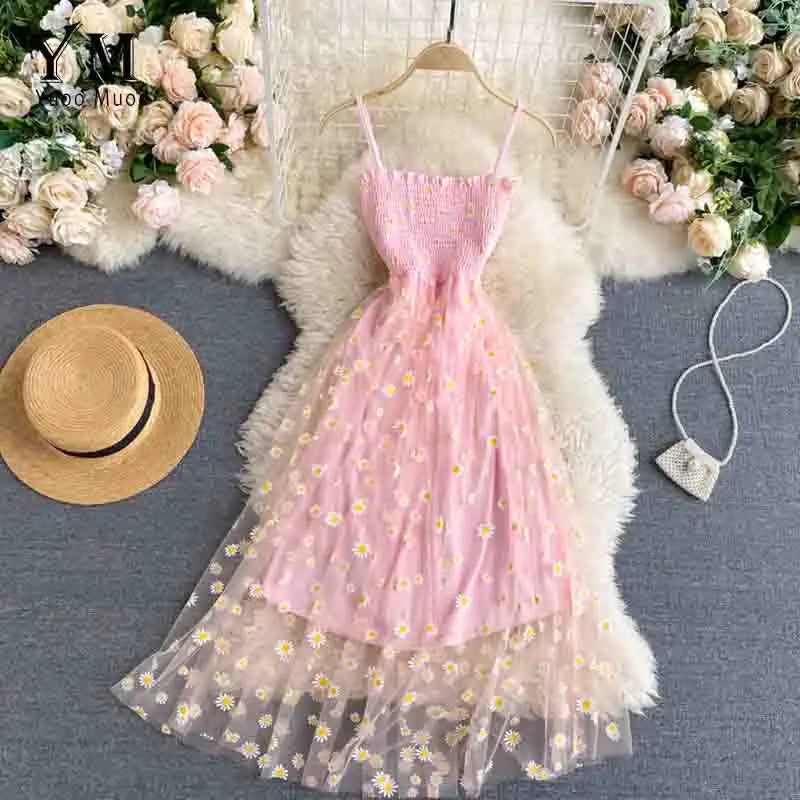 Korean Daisy Flower Print Mesh Midi Dress