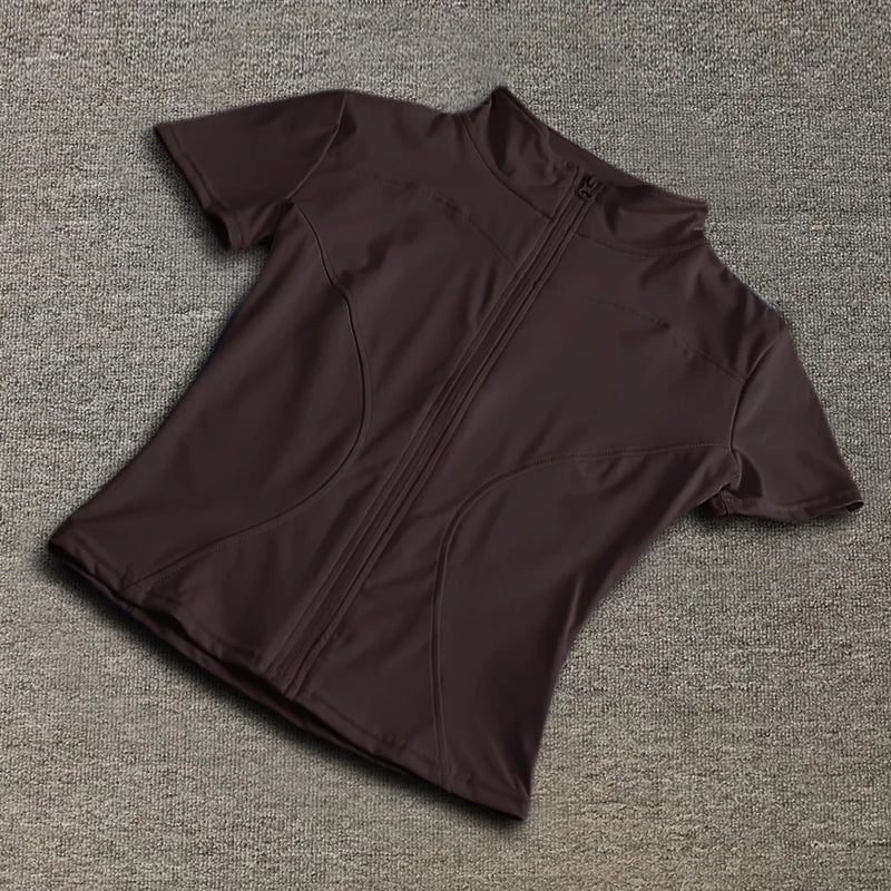 Women’s High-Waist Slimming Yoga Top – Quick-Dry Stand Collar, Full-Zip Short Sleeve Fitness Shirt