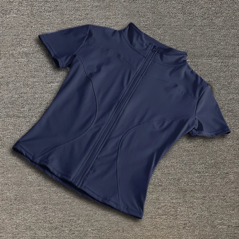 Women’s High-Waist Slimming Yoga Top – Quick-Dry Stand Collar, Full-Zip Short Sleeve Fitness Shirt