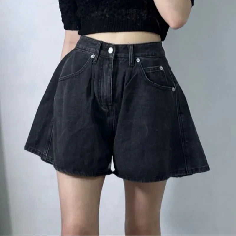 Washed High-Waist A-Line Denim Shorts
