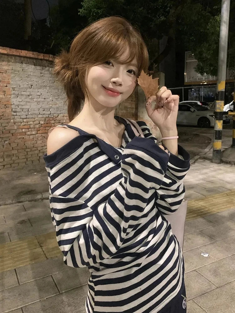 Korean Off-Shoulder Striped Tee