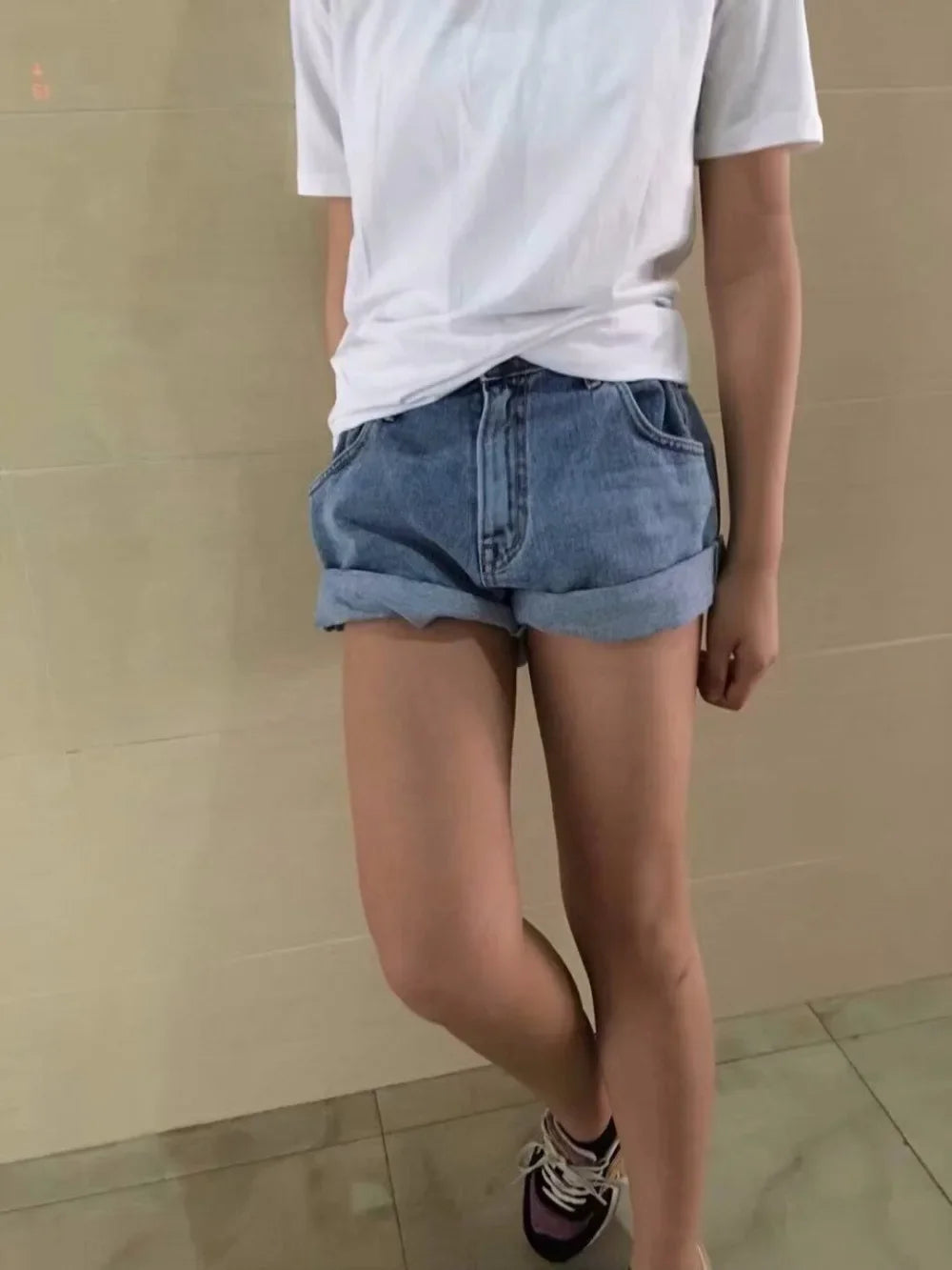 High-Waist Split-Hem Denim Shorts