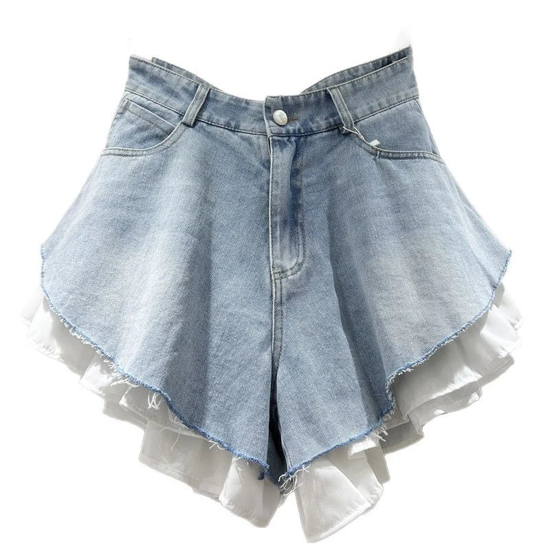 Patchwork High-Waist Denim Shorts