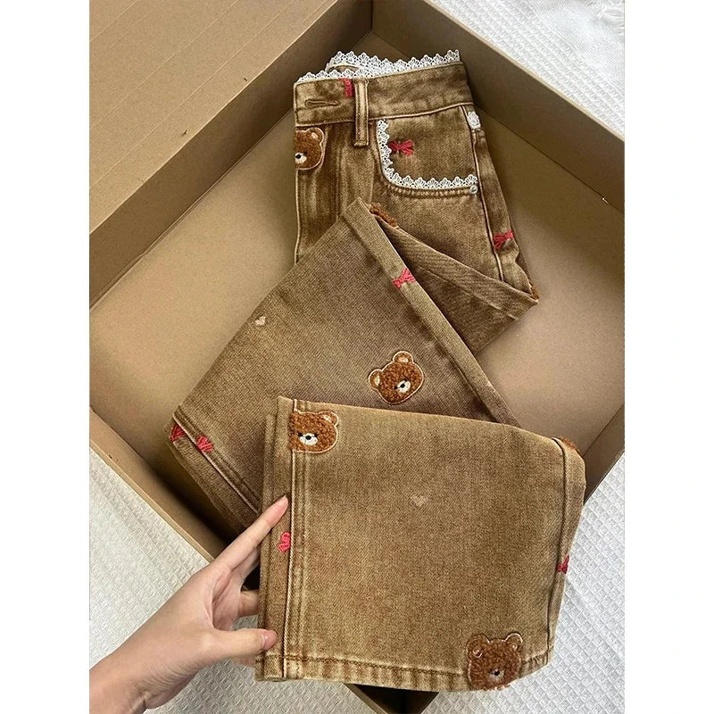 Teddy Bear Lace Wide Leg Jeans 🧸🤍