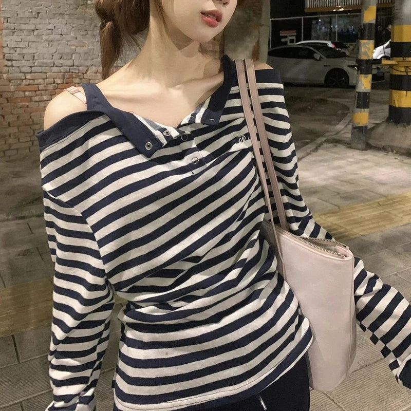 Korean Off-Shoulder Striped Tee