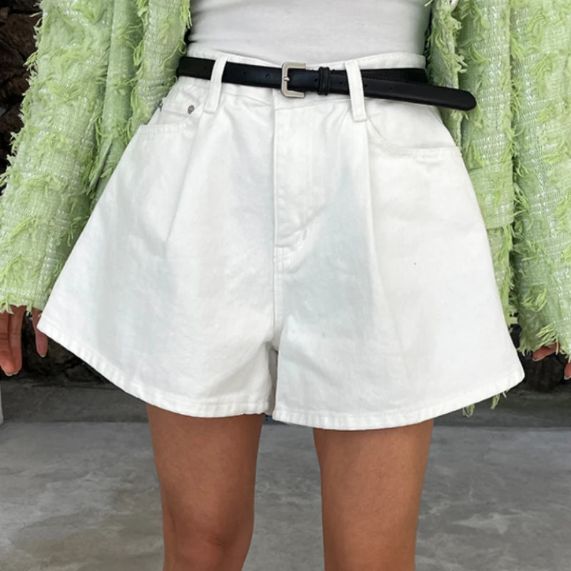 Washed High-Waist A-Line Denim Shorts