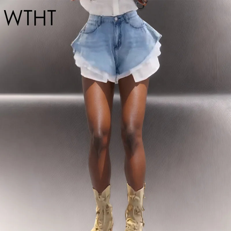Patchwork High-Waist Denim Shorts