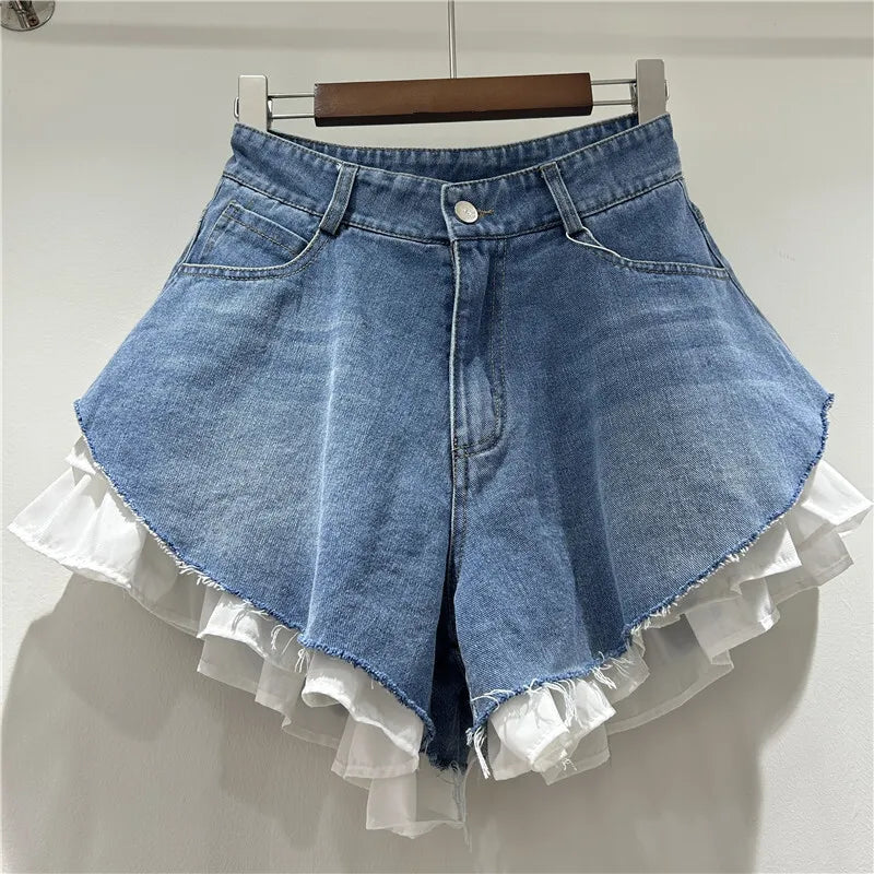 Patchwork High-Waist Denim Shorts