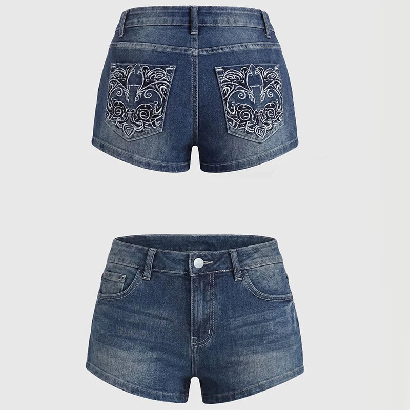 Y2K Rhinestone Low-Rise Denim Shorts