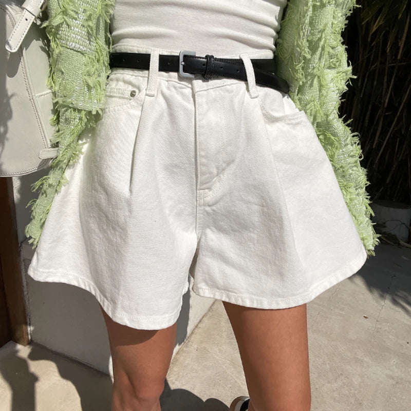 Washed High-Waist A-Line Denim Shorts