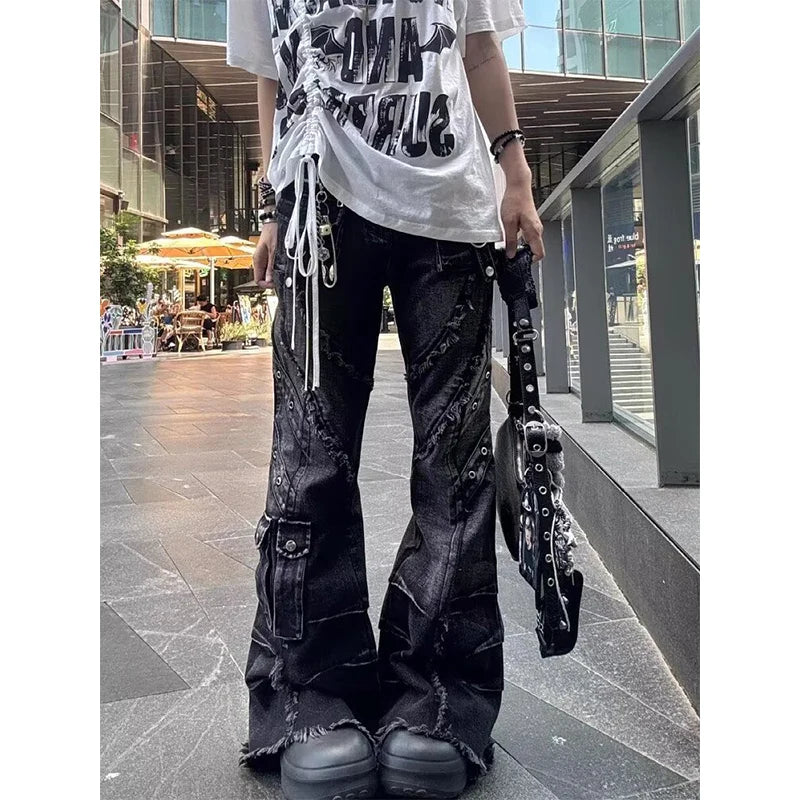 Y2K Patchwork Flare Cargo Jeans