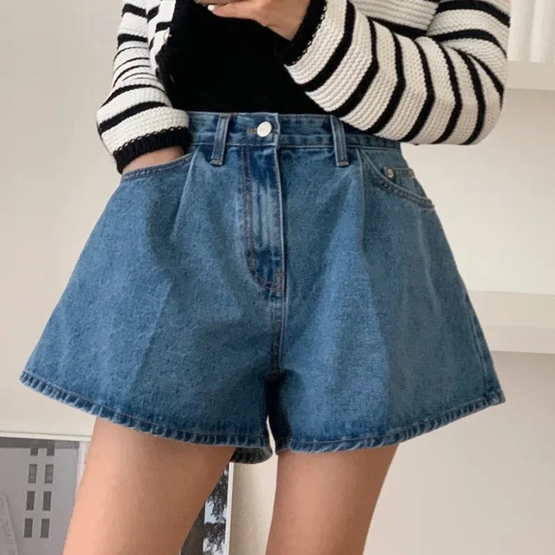 Washed High-Waist A-Line Denim Shorts