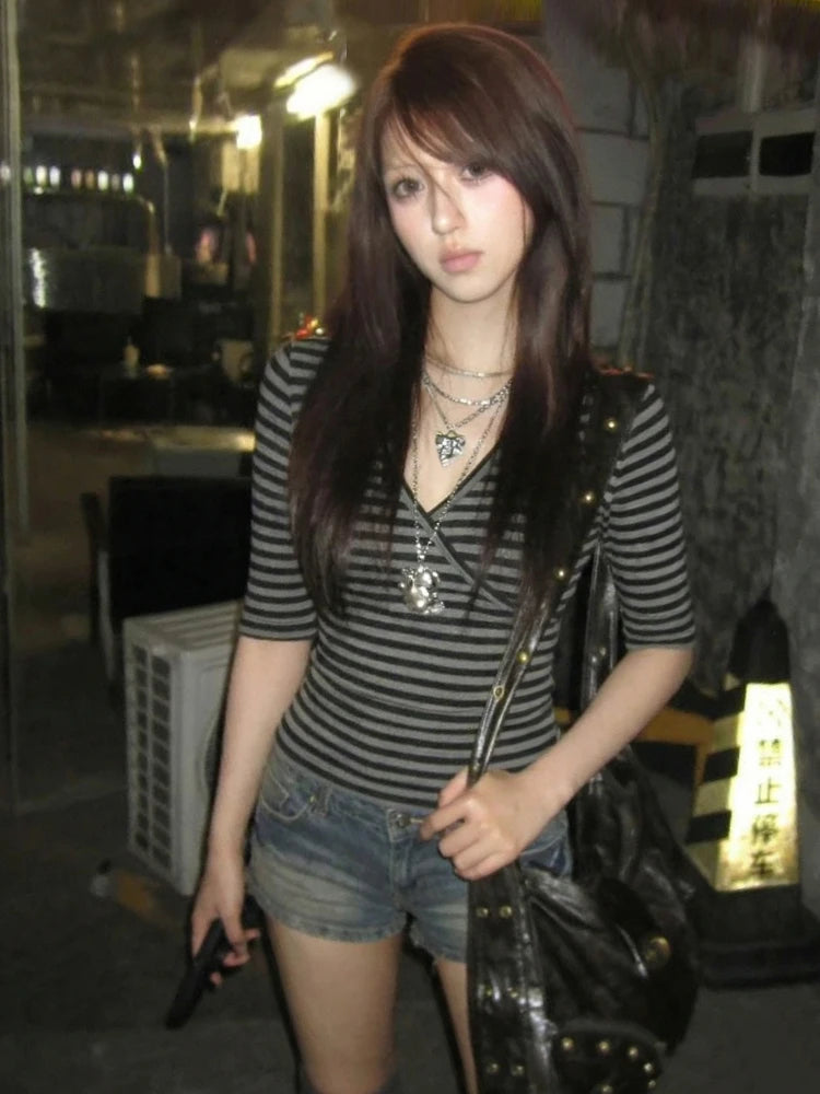 Y2K Striped V-Neck Crop Tee