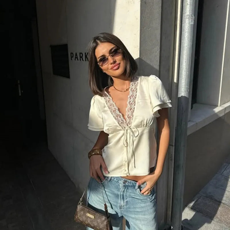 Women’s Satin Lace V-Neck Tops – Short Sleeve Slim-Fit Summer T-Shirts