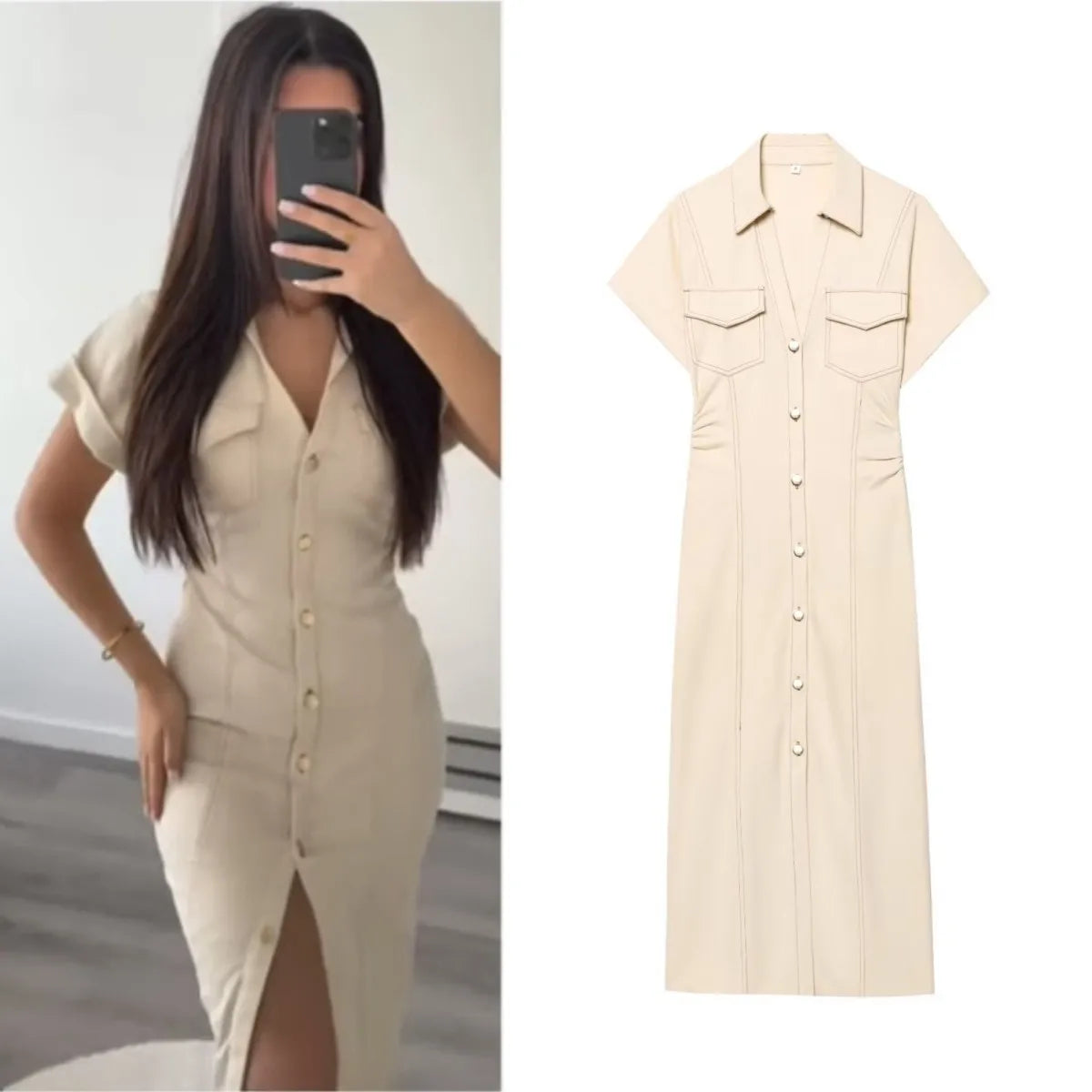 denim MIDI dress with lapel side zipper