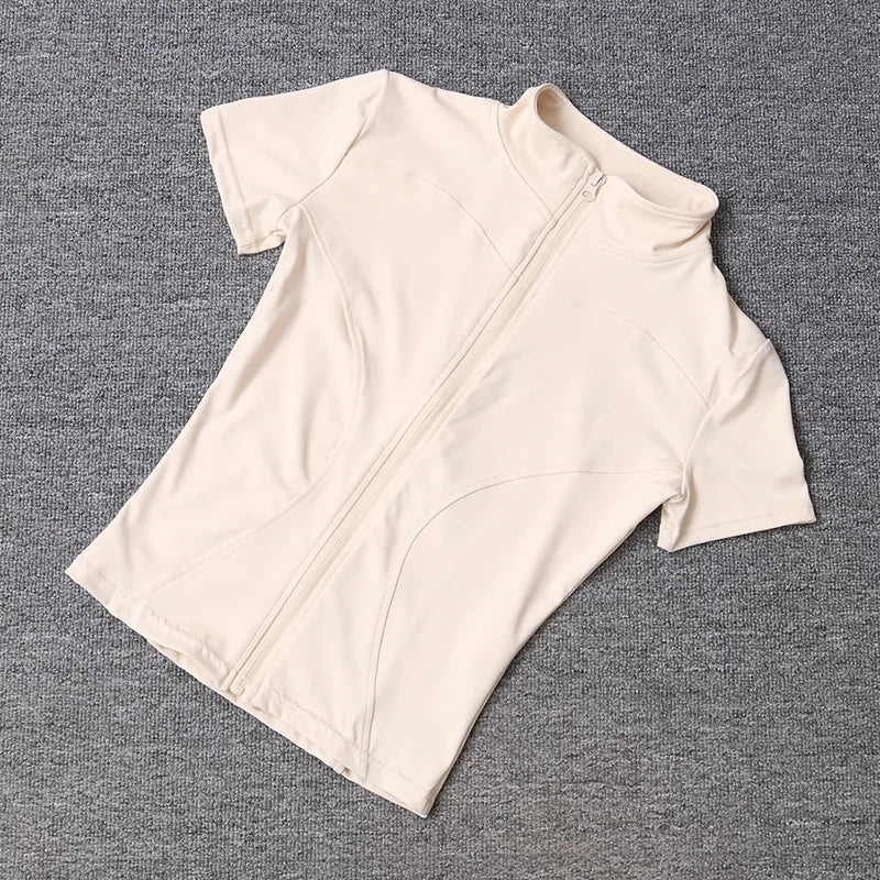 Women’s High-Waist Slimming Yoga Top – Quick-Dry Stand Collar, Full-Zip Short Sleeve Fitness Shirt