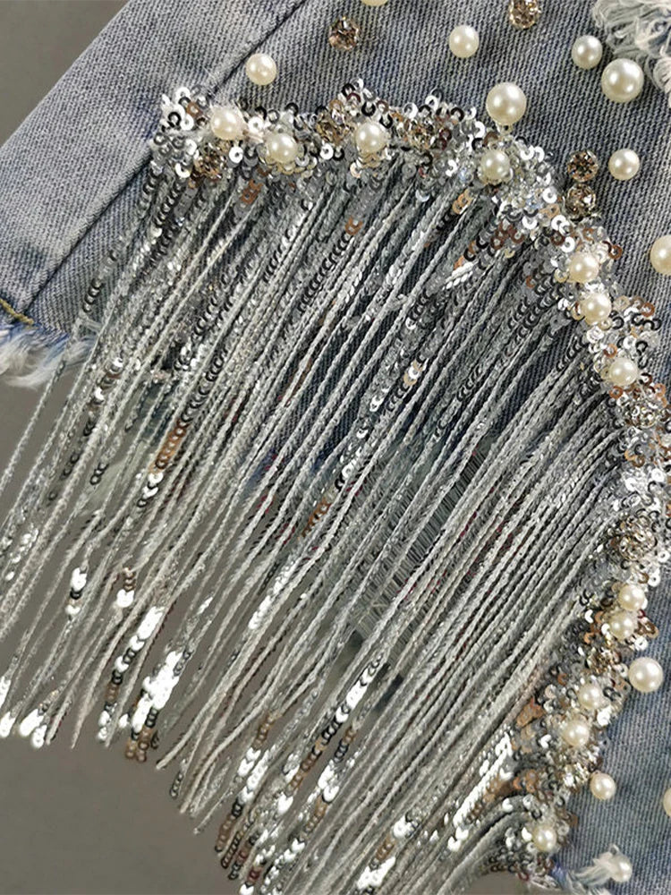 Beaded High-Waist Denim Shorts