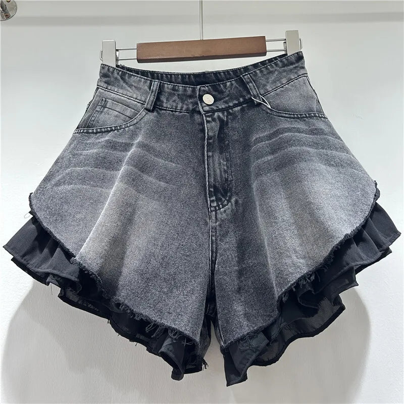 Patchwork High-Waist Denim Shorts