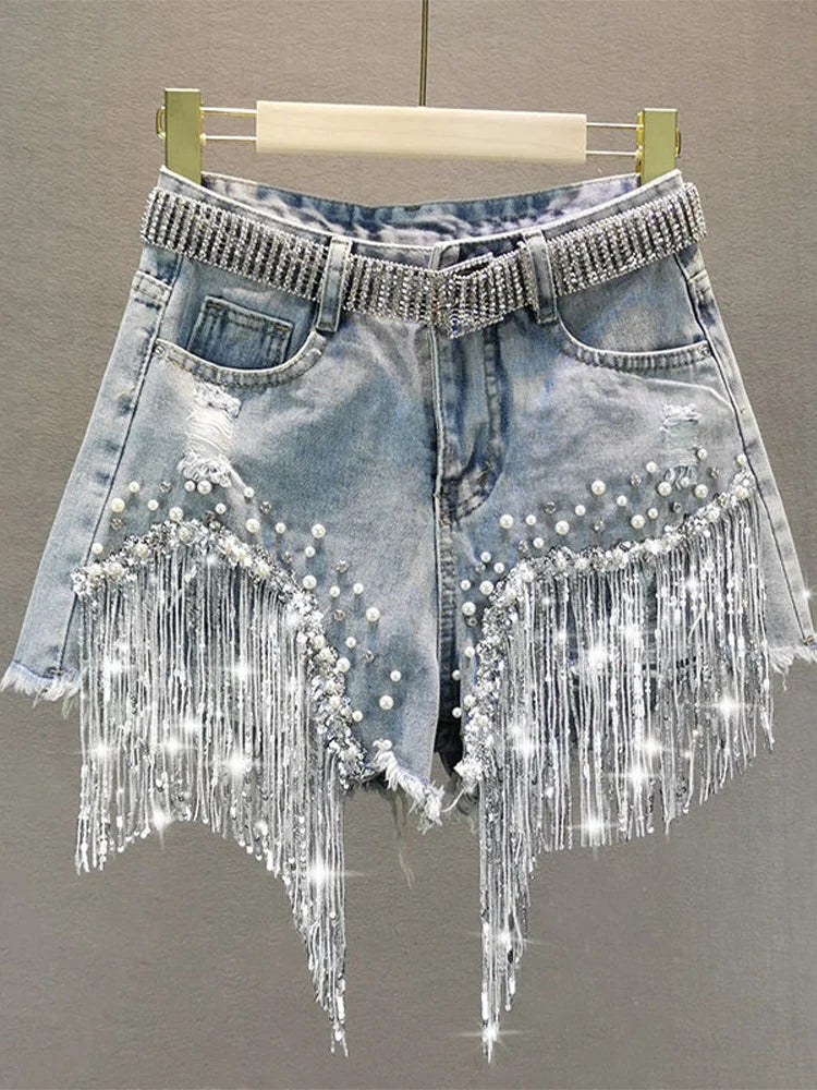 Beaded High-Waist Denim Shorts