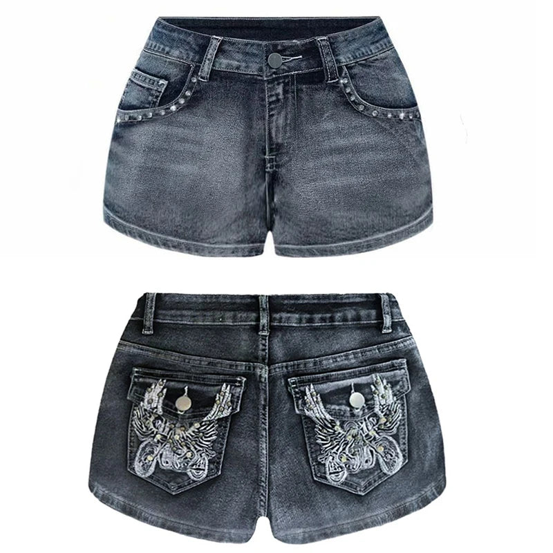 Y2K Rhinestone Low-Rise Denim Shorts