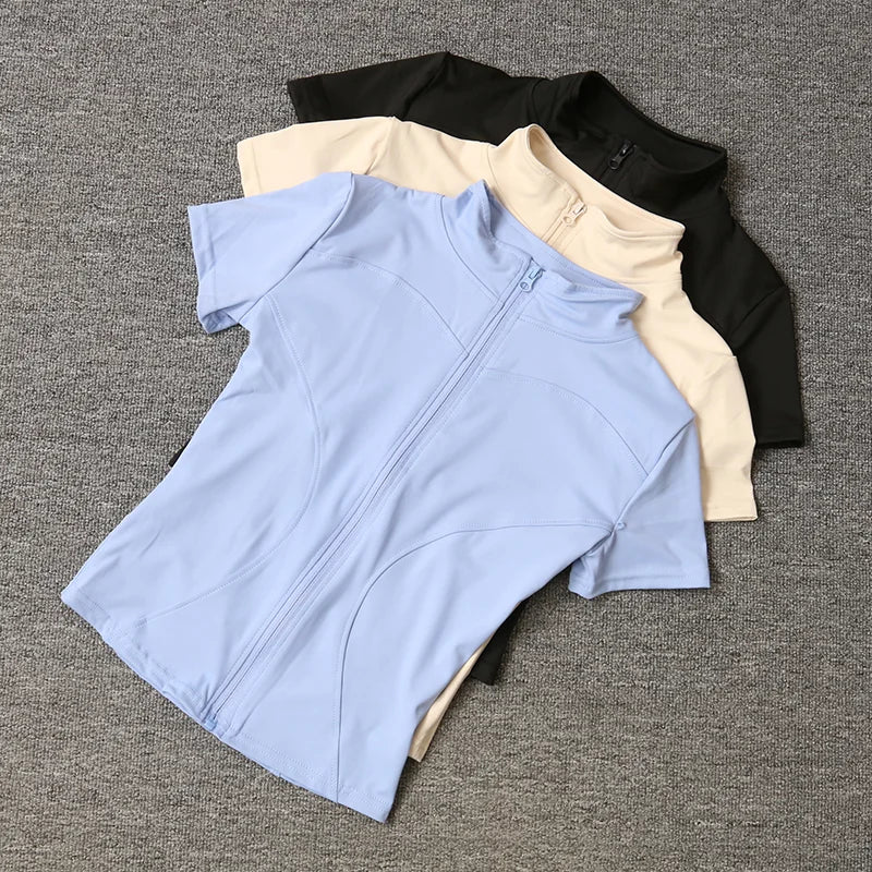 Women’s High-Waist Slimming Yoga Top – Quick-Dry Stand Collar, Full-Zip Short Sleeve Fitness Shirt