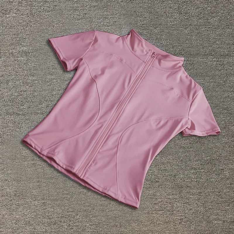 Women’s High-Waist Slimming Yoga Top – Quick-Dry Stand Collar, Full-Zip Short Sleeve Fitness Shirt