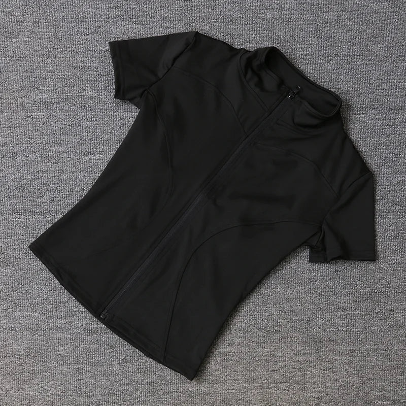 Women’s High-Waist Slimming Yoga Top – Quick-Dry Stand Collar, Full-Zip Short Sleeve Fitness Shirt