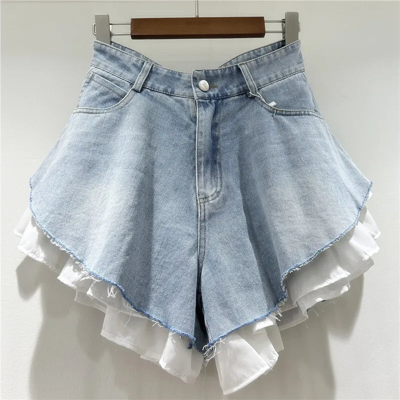 Patchwork High-Waist Denim Shorts
