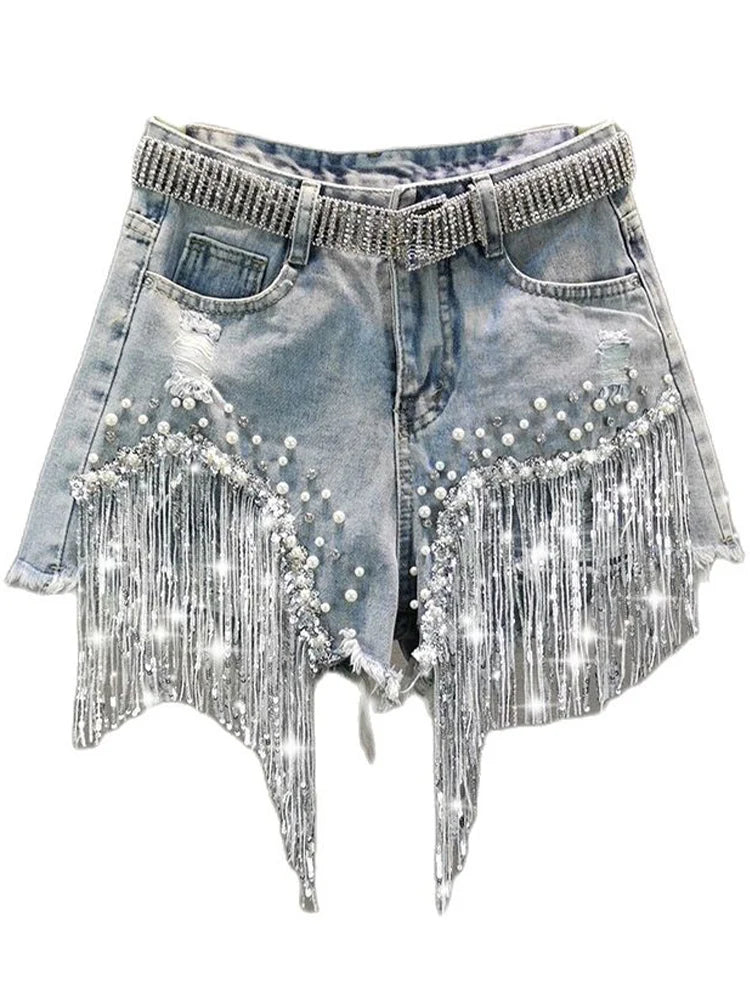 Beaded High-Waist Denim Shorts