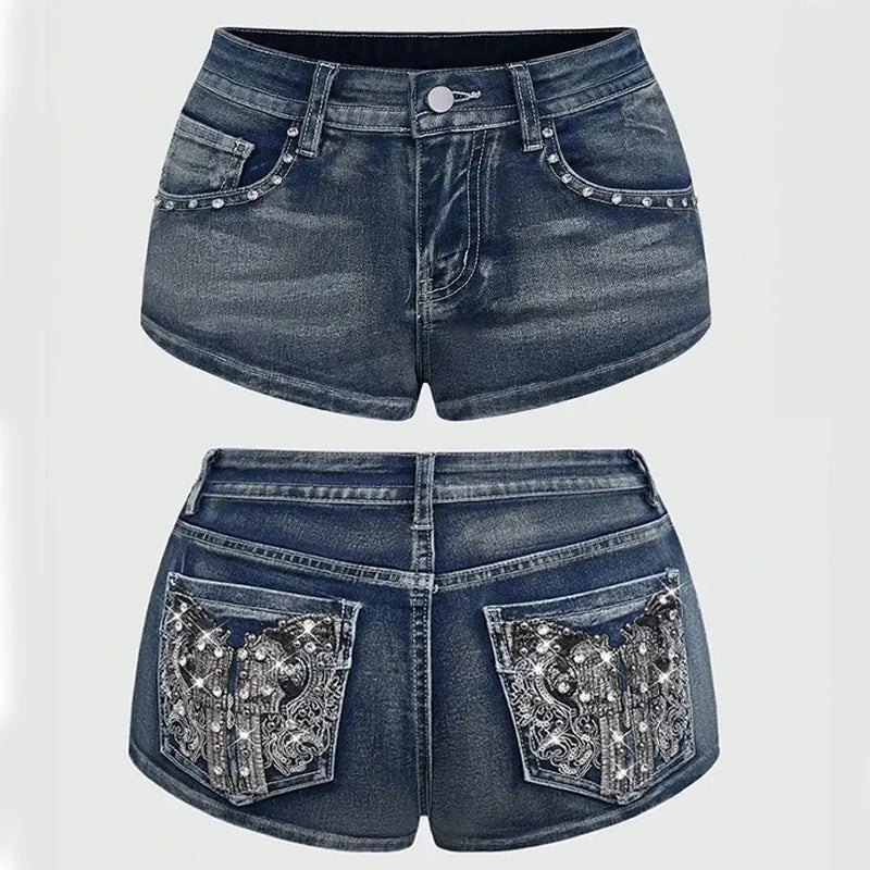 Y2K Rhinestone Low-Rise Denim Shorts