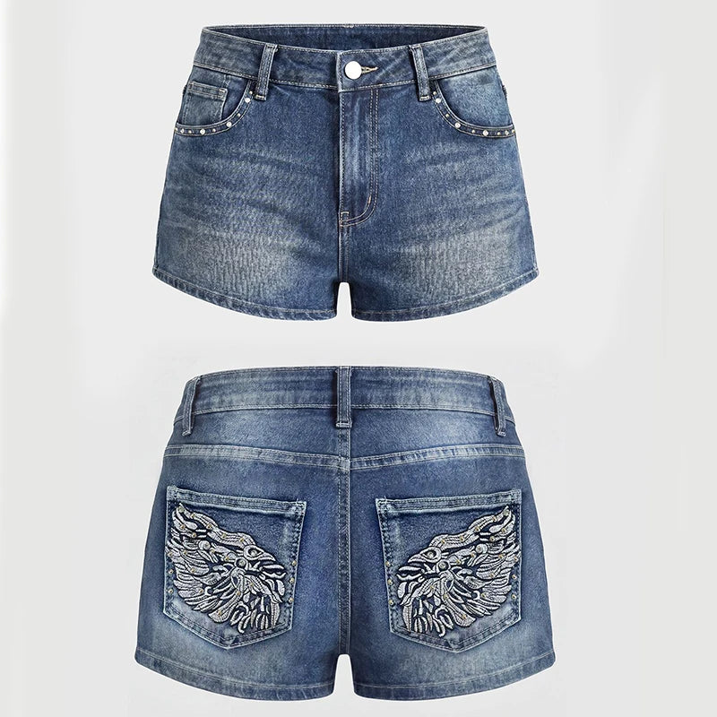 Y2K Rhinestone Low-Rise Denim Shorts