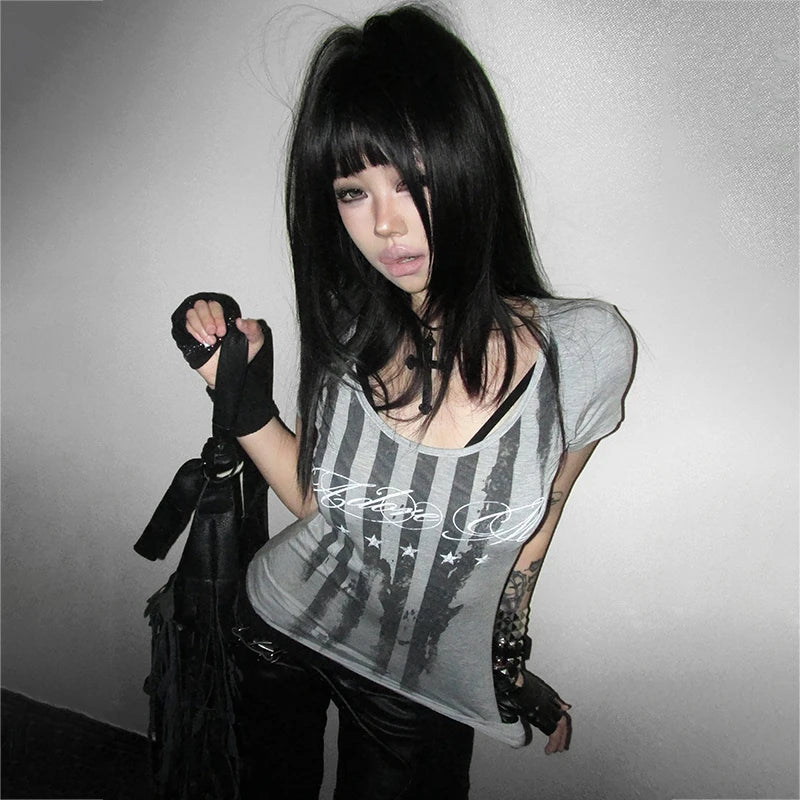 Y2K Grunge Striped Tee