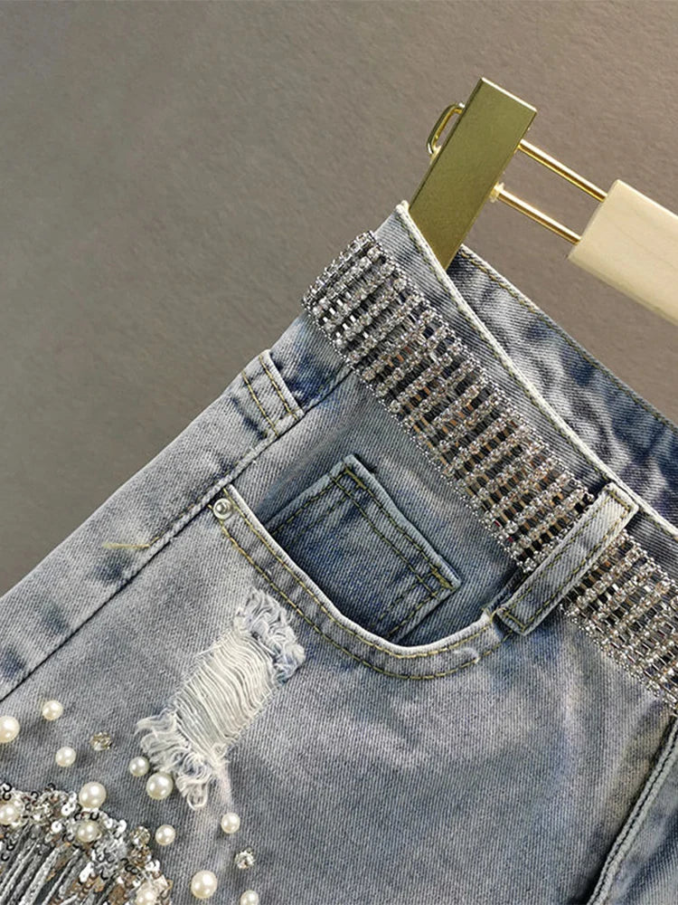 Beaded High-Waist Denim Shorts