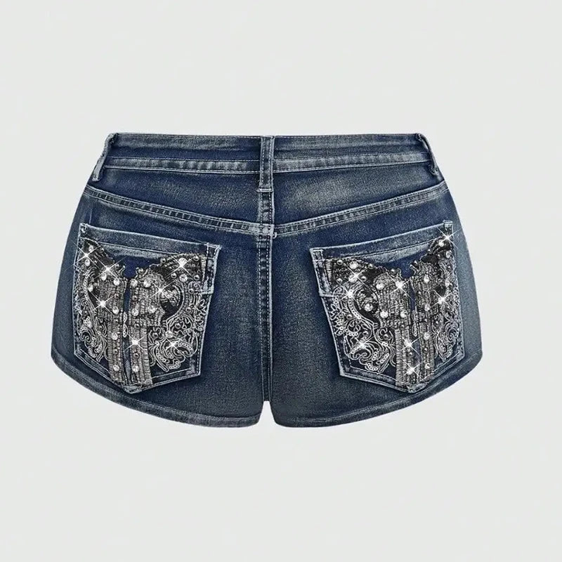 Y2K Rhinestone Low-Rise Denim Shorts
