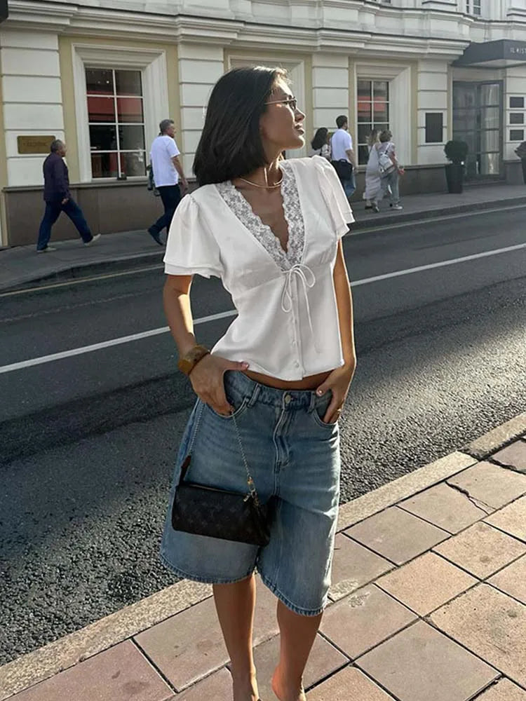 Women’s Satin Lace V-Neck Tops – Short Sleeve Slim-Fit Summer T-Shirts
