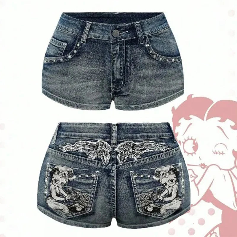 Y2K Rhinestone Low-Rise Denim Shorts