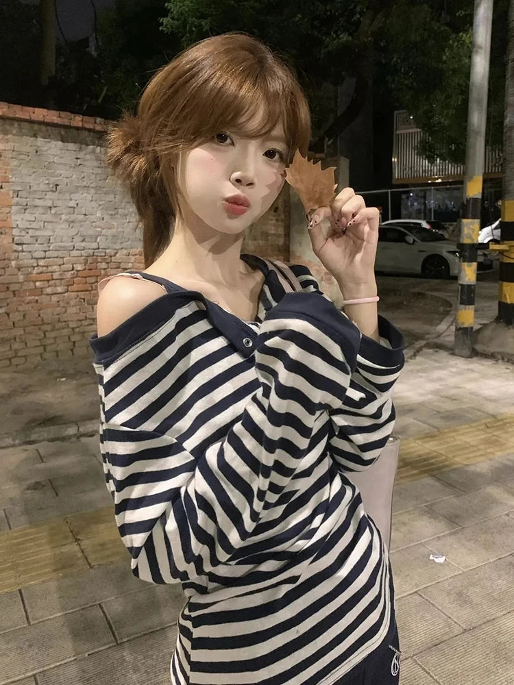 Korean Off-Shoulder Striped Tee