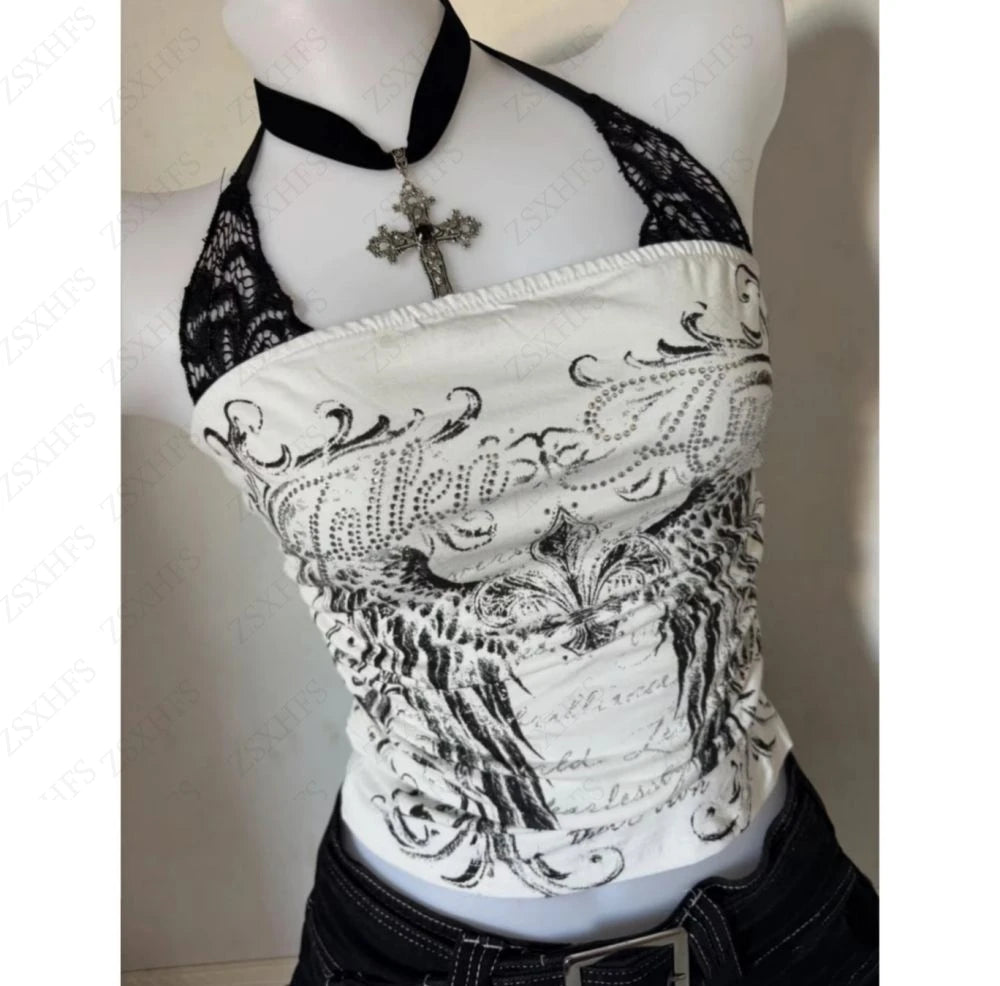Lace Y2K Halter Crop Top