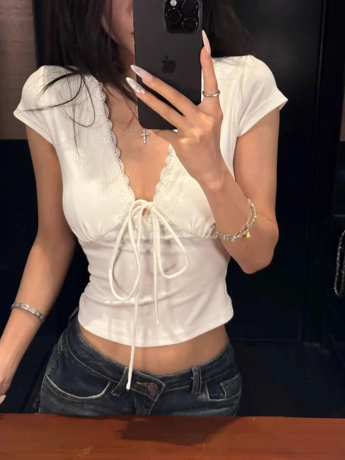Women’s Satin Lace V-Neck Tops – Short Sleeve Slim-Fit Summer T-Shirts