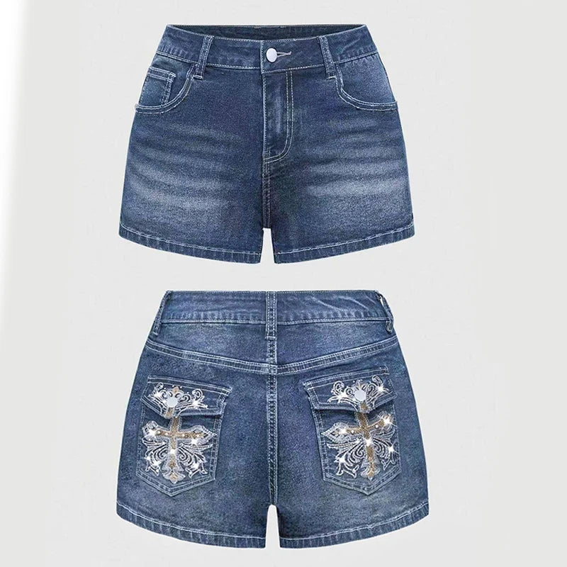 Y2K Rhinestone Low-Rise Denim Shorts