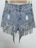 Beaded High-Waist Denim Shorts