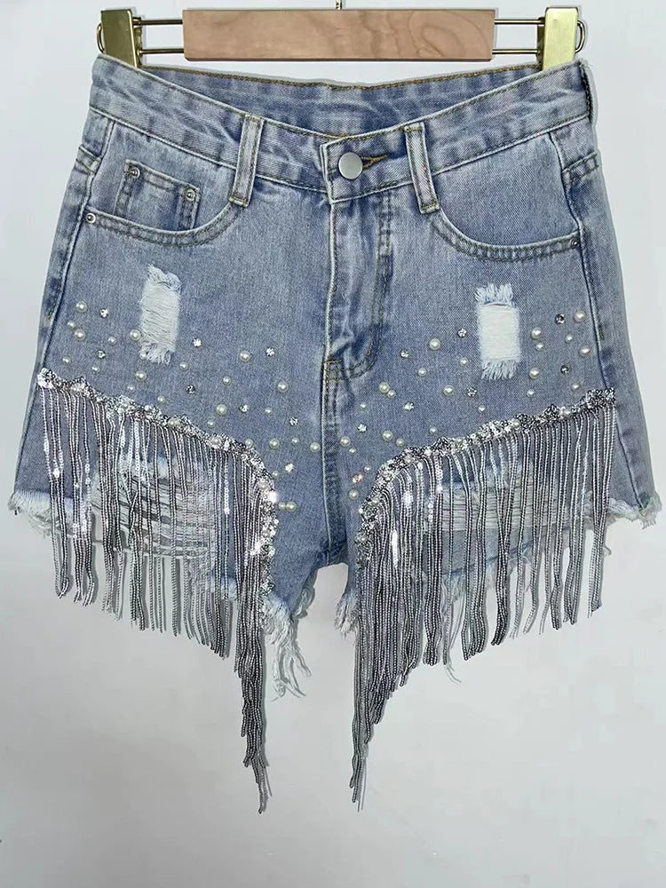 Beaded High-Waist Denim Shorts