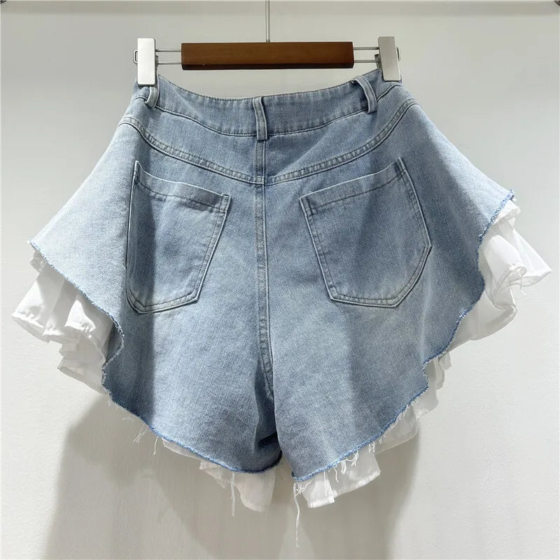 Patchwork High-Waist Denim Shorts