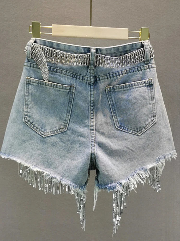 Beaded High-Waist Denim Shorts