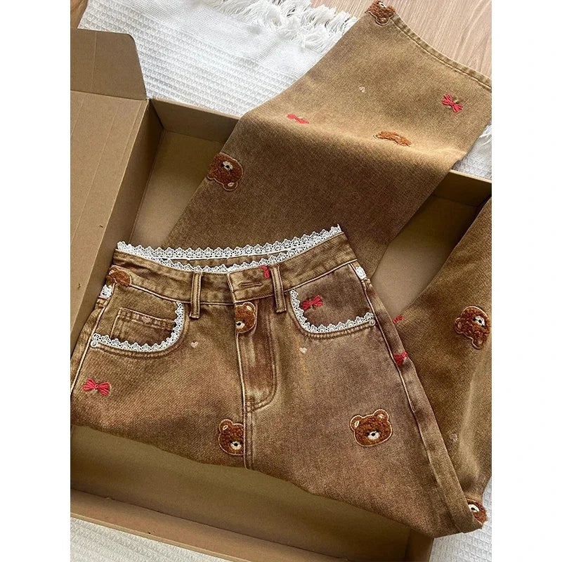 Teddy Bear Lace Wide Leg Jeans 🧸🤍