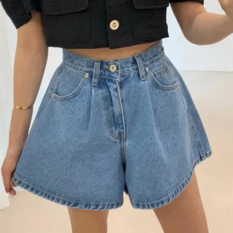 Washed High-Waist A-Line Denim Shorts
